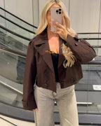 Women's Cropped Trench Coat with Double Breasted Front and Lapel Collar
