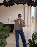 Women's Cropped Trench Coat with Double Breasted Front and Lapel Collar