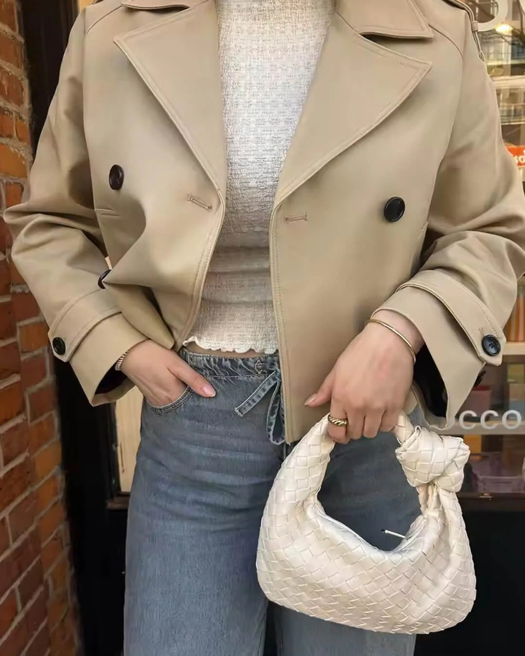Women's Cropped Trench Coat with Double Breasted Front and Lapel Collar