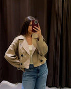 Women's Cropped Trench Coat with Double Breasted Front and Lapel Collar