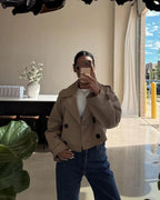Women's Cropped Trench Coat with Double Breasted Front and Lapel Collar