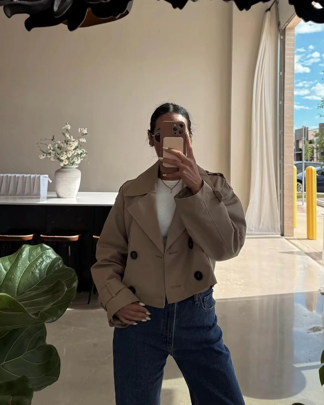 Women's Cropped Trench Coat with Double Breasted Front and Lapel Collar