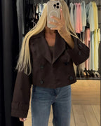 Women's Cropped Trench Coat with Double Breasted Front and Lapel Collar