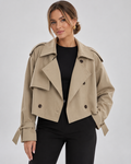 Women's Cropped Trench Jacket with Double Breasted Front and Belted Cuffs