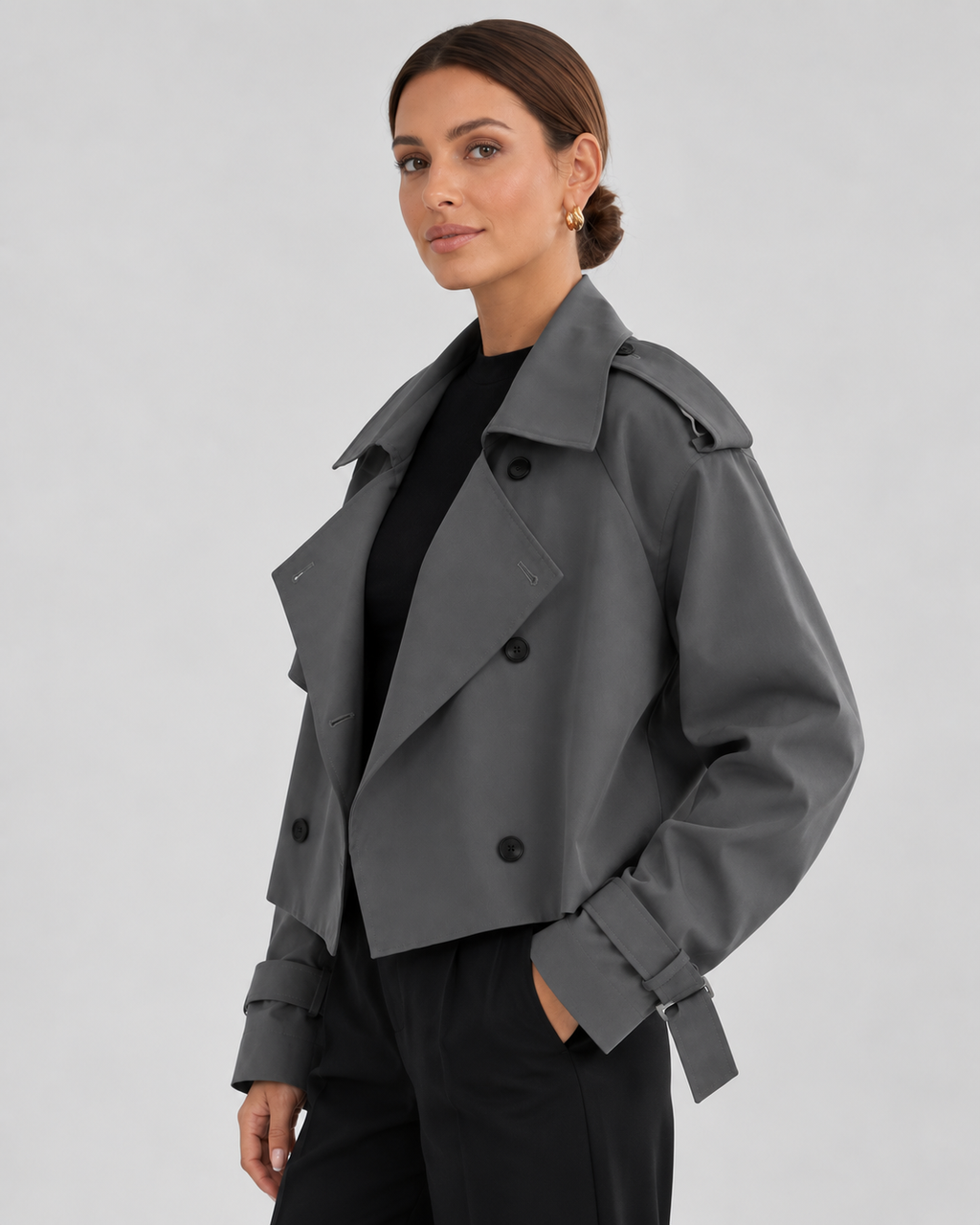 Women's Cropped Trench Jacket with Double Breasted Front and Belted Cuffs