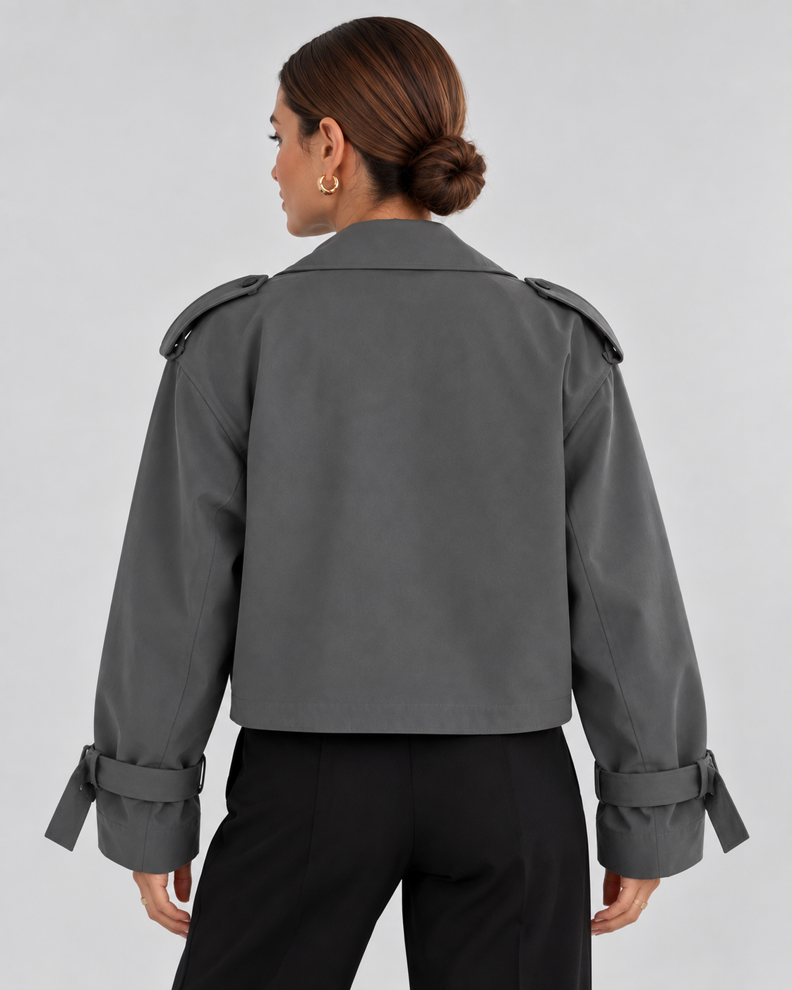 Women's Cropped Trench Jacket with Double Breasted Front and Belted Cuffs