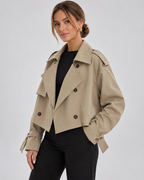 Women's Cropped Trench Jacket with Double Breasted Front and Belted Cuffs