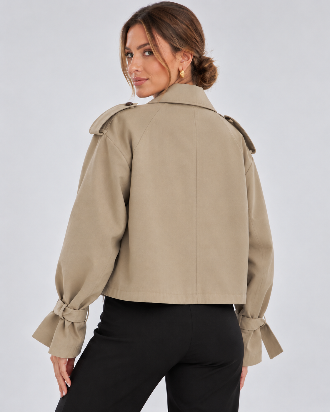 Women's Cropped Trench Jacket with Double Breasted Front and Belted Cuffs