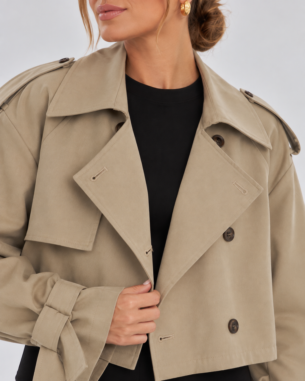 Women's Cropped Trench Jacket with Double Breasted Front and Belted Cuffs