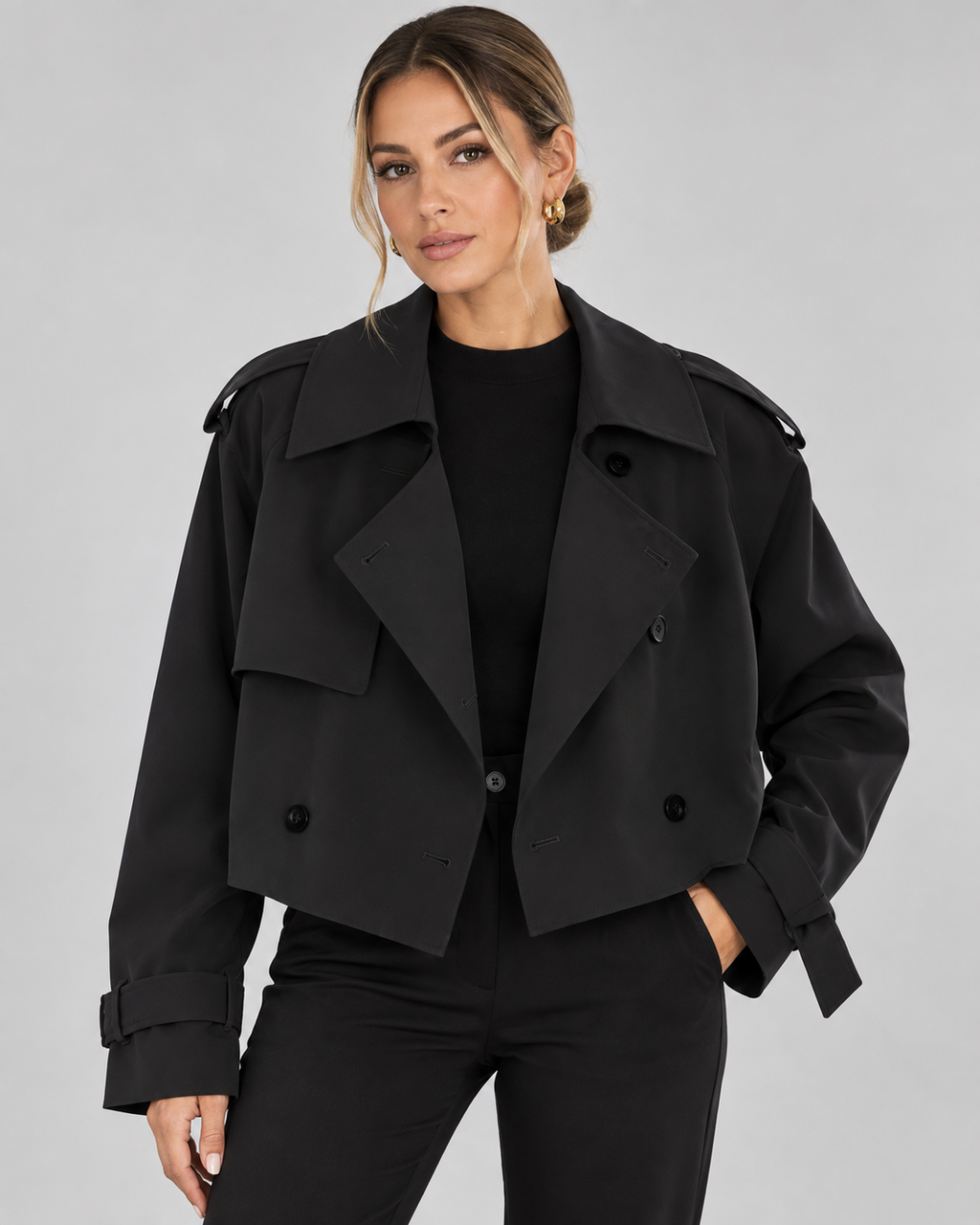 Women's Cropped Trench Jacket with Double Breasted Front and Belted Cuffs