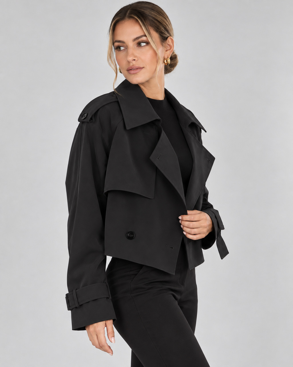 Women's Cropped Trench Jacket with Double Breasted Front and Belted Cuffs