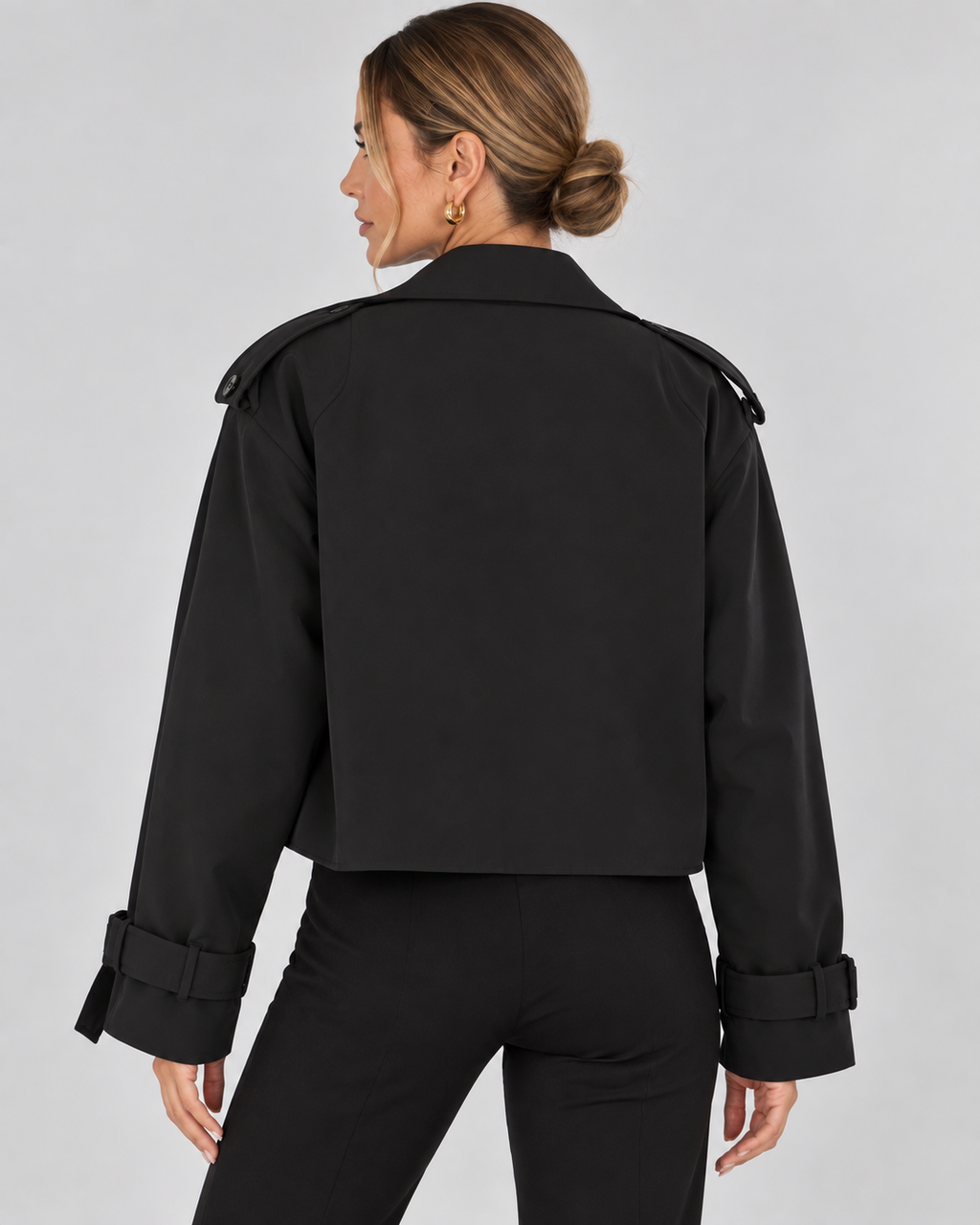 Women's Cropped Trench Jacket with Double Breasted Front and Belted Cuffs