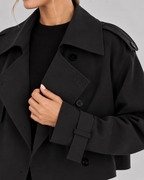 Women's Cropped Trench Jacket with Double Breasted Front and Belted Cuffs