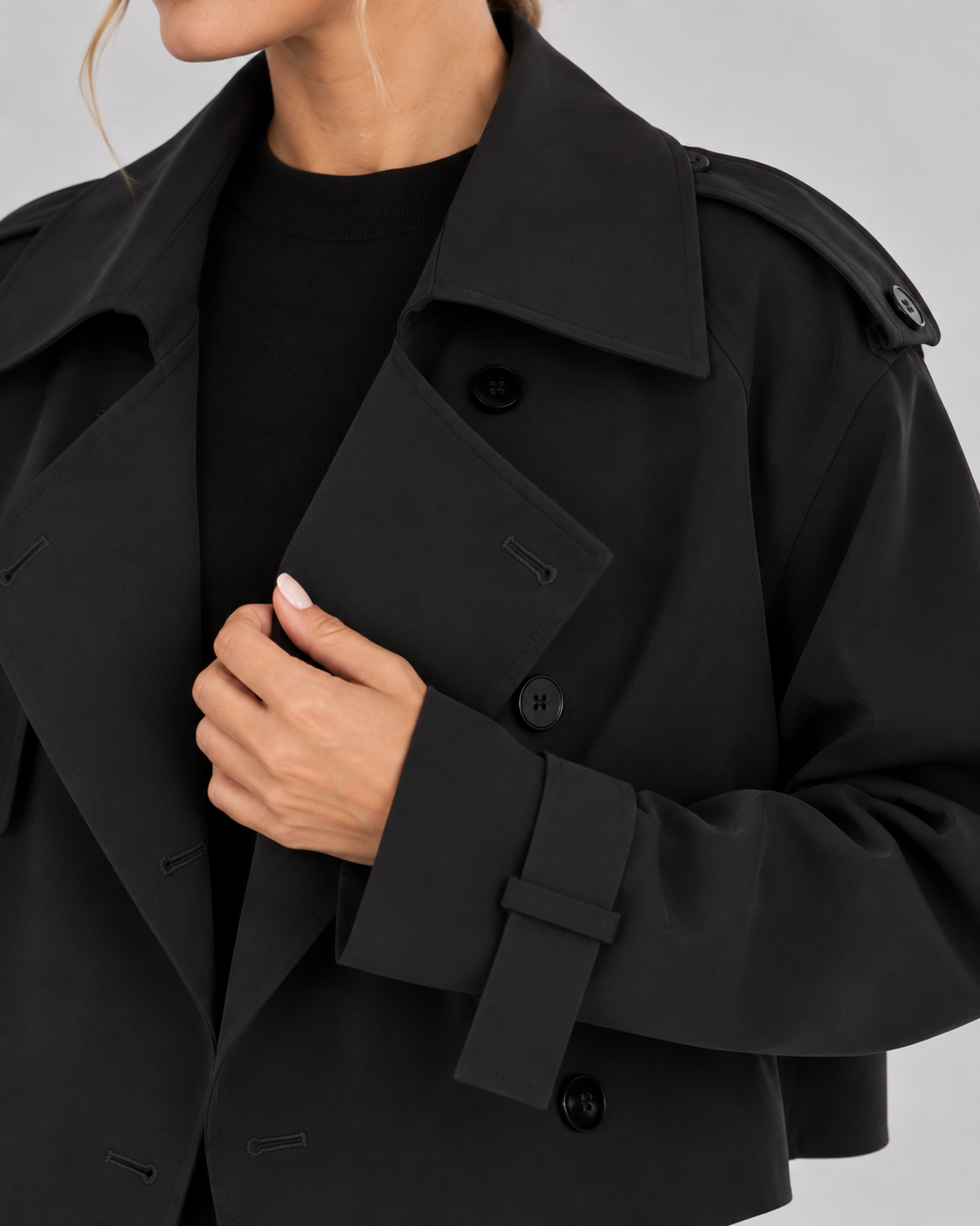 Women's Cropped Trench Jacket with Double Breasted Front and Belted Cuffs