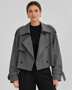 Women's Cropped Trench Jacket with Double Breasted Front and Belted Cuffs