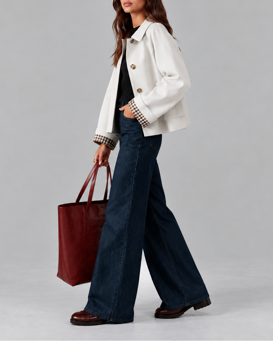 Women's Cropped Trench Jacket with Check Lined Cuffs