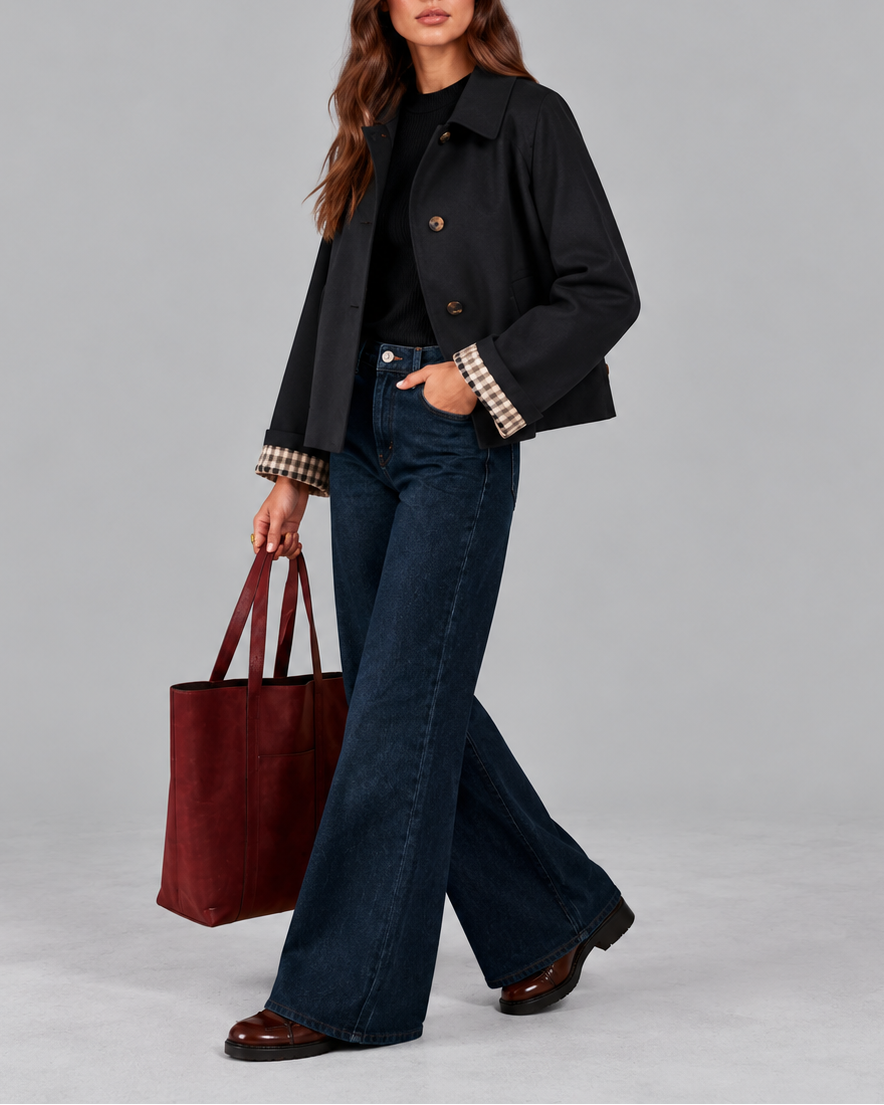 Women's Cropped Trench Jacket with Check Lined Cuffs