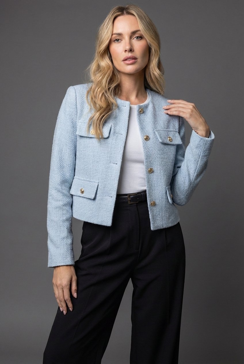 Women's Cropped Tweed Blazer with Button Front and Flap Pockets