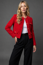 Women's Cropped Tweed Blazer with Button Front and Flap Pockets