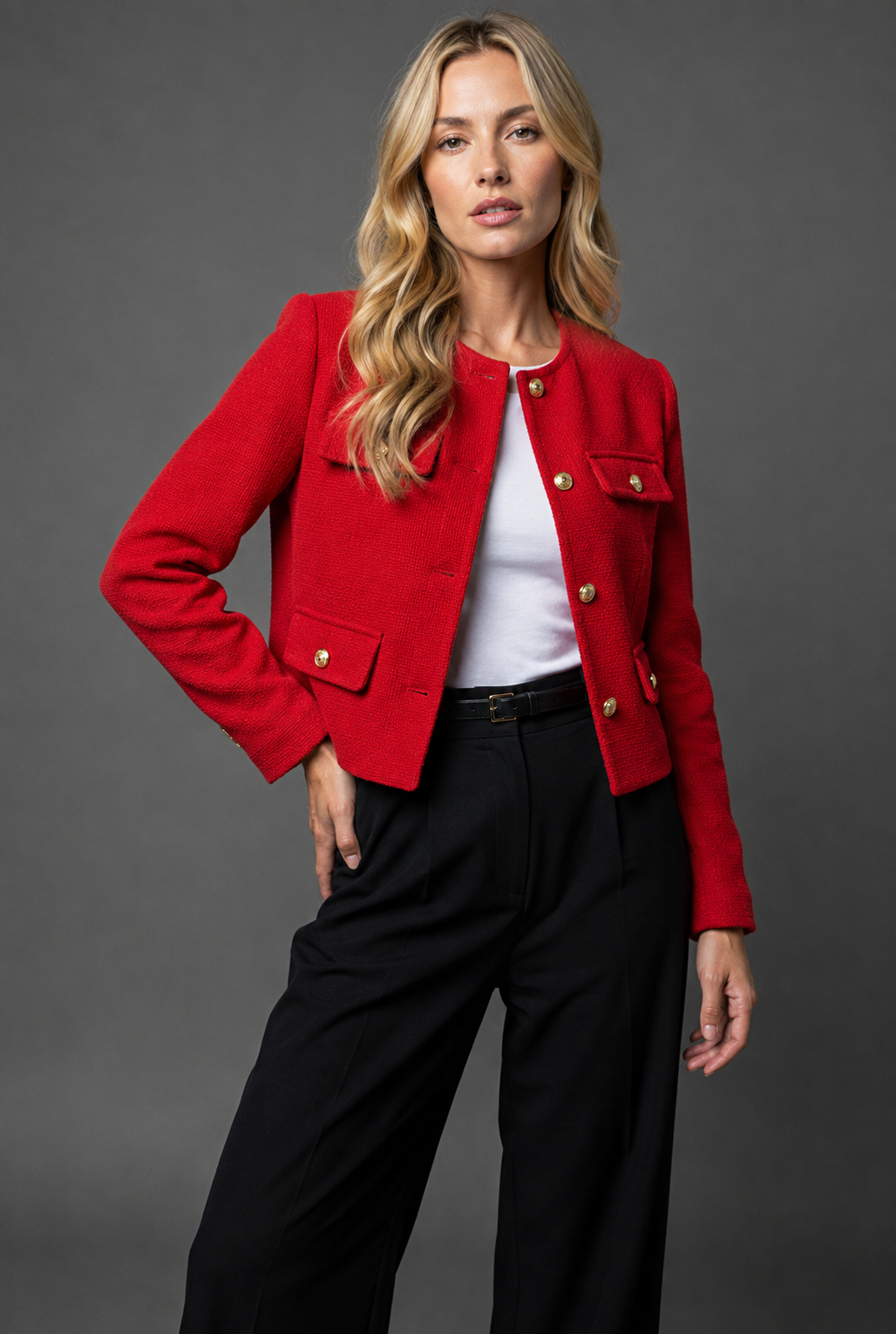 Women's Cropped Tweed Blazer with Button Front and Flap Pockets