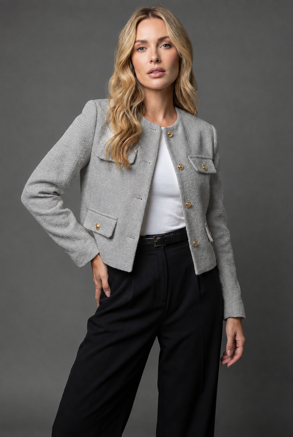 Women's Cropped Tweed Blazer with Button Front and Flap Pockets