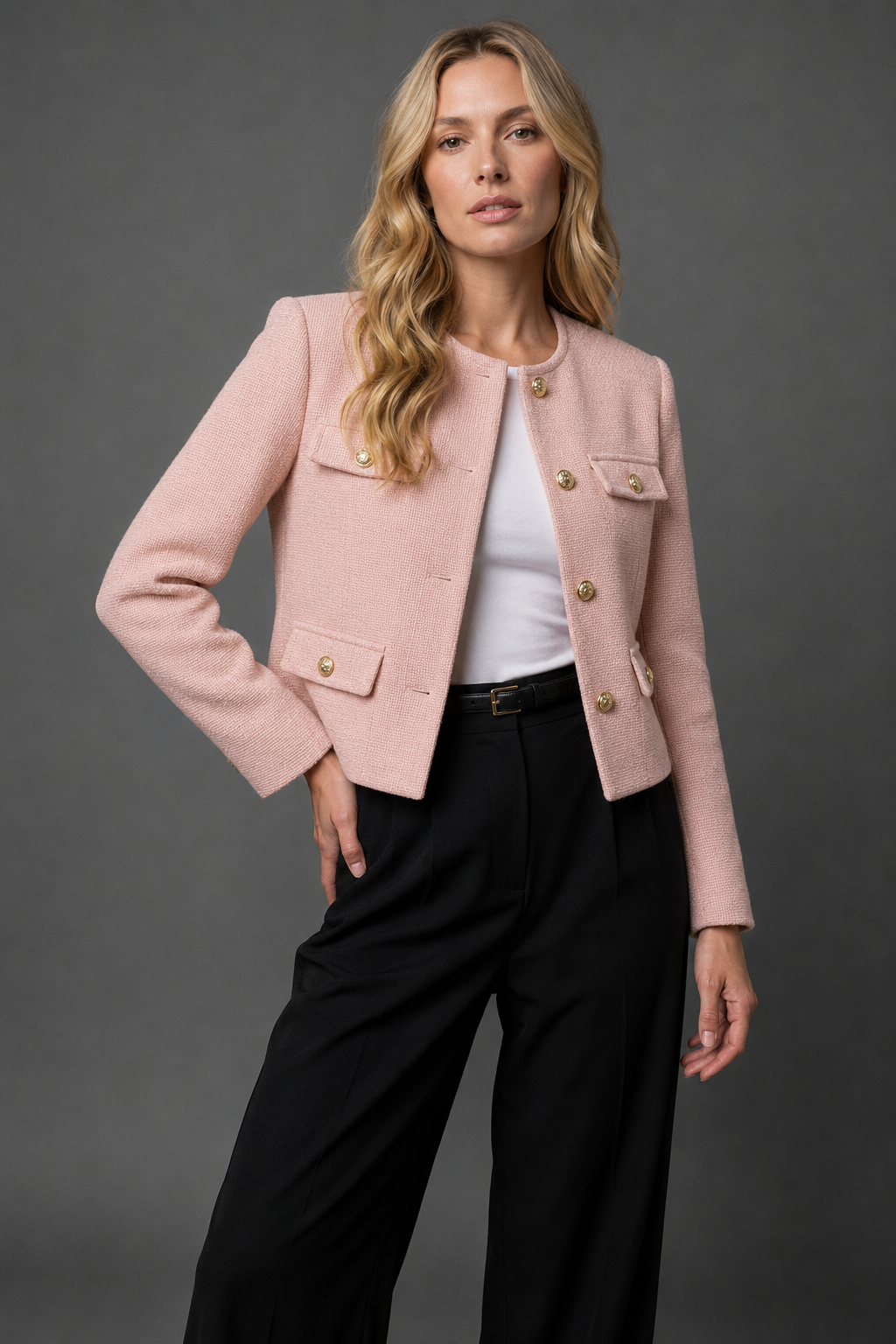 Women's Cropped Tweed Blazer with Button Front and Flap Pockets