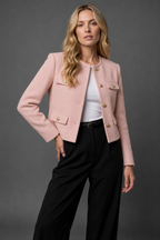 Women's Cropped Tweed Blazer with Button Front and Flap Pockets