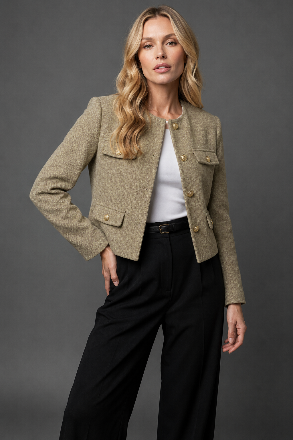 Women's Cropped Tweed Blazer with Button Front and Flap Pockets