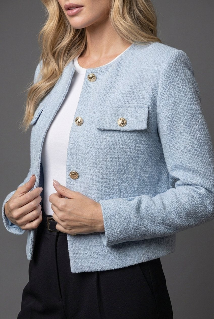 Women's Cropped Tweed Blazer with Button Front and Flap Pockets