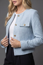 Women's Cropped Tweed Blazer with Button Front and Flap Pockets