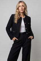 Women's Cropped Tweed Blazer with Button Front and Flap Pockets