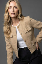 Women's Cropped Tweed Blazer with Button Front and Flap Pockets