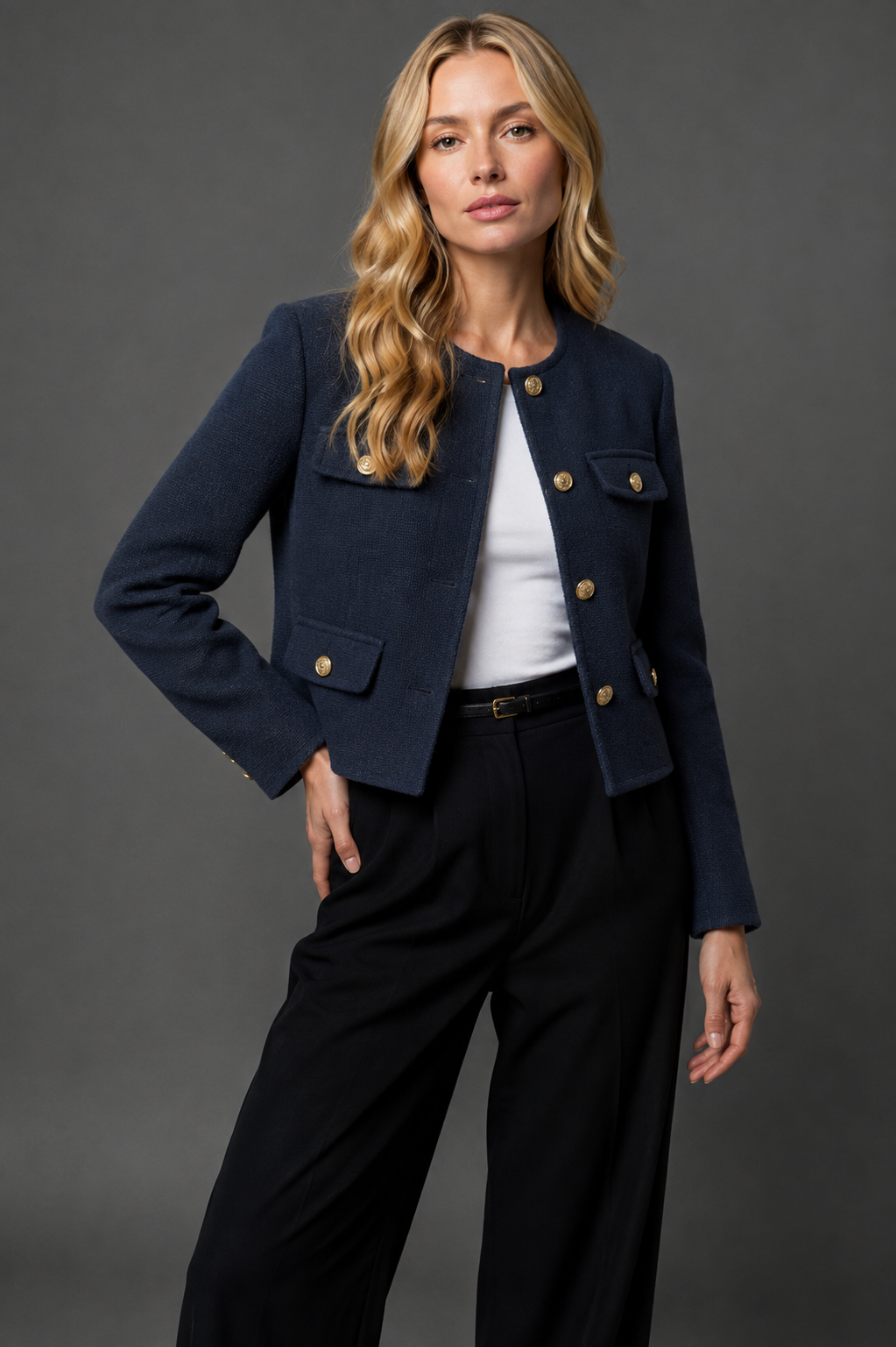Women's Cropped Tweed Blazer with Button Front and Flap Pockets