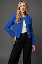 Women's Cropped Tweed Blazer with Button Front and Flap Pockets