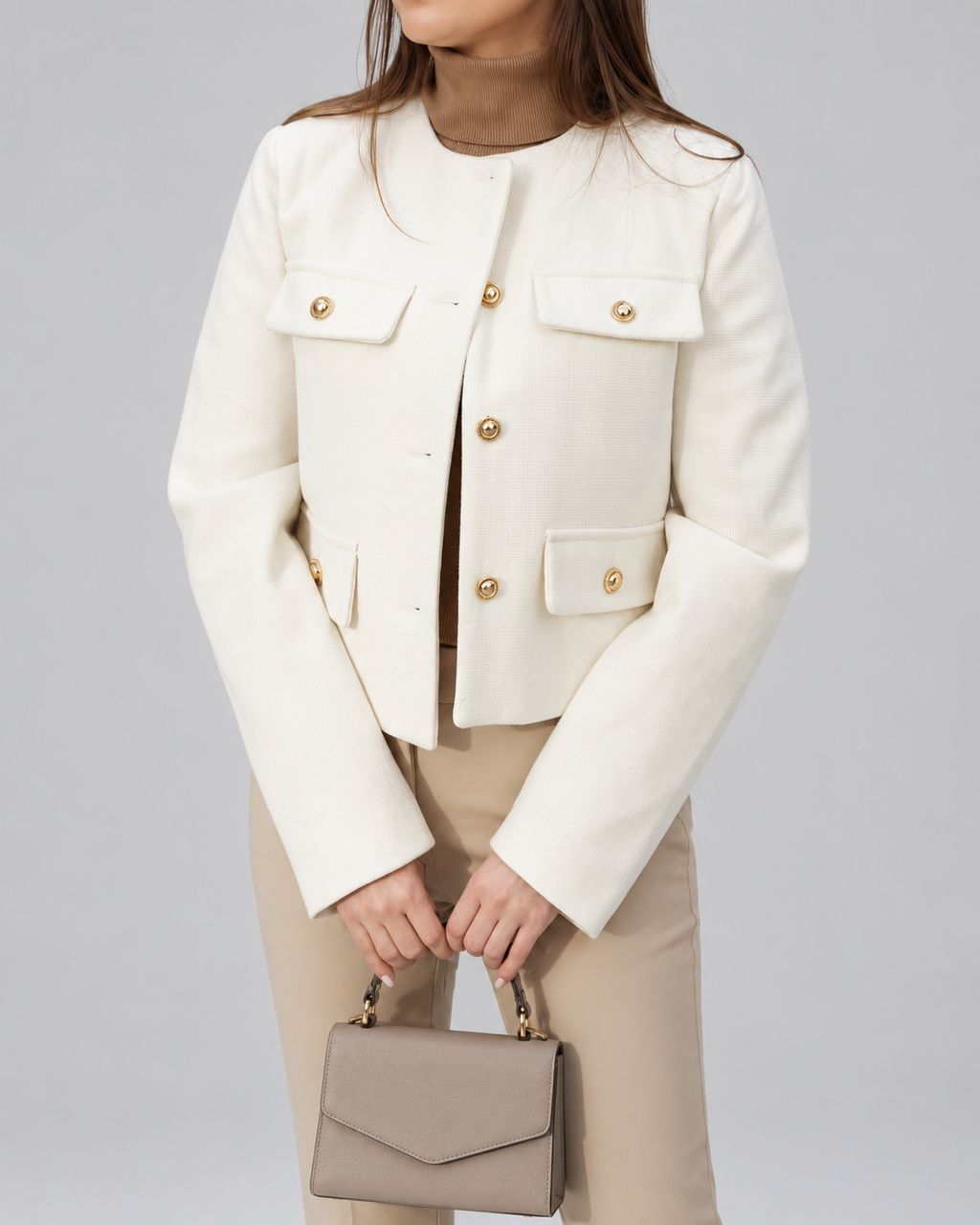 Women's Cropped Tweed Jacket with Gold Buttons and Round Neck