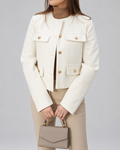 Women's Cropped Tweed Jacket with Gold Buttons and Round Neck
