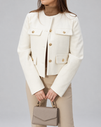 Women's Cropped Tweed Jacket with Gold Buttons and Round Neck