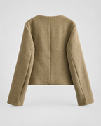 Women's Cropped Tweed Jacket with Gold Buttons and Round Neck