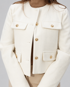 Women's Cropped Tweed Jacket with Gold Buttons and Round Neck