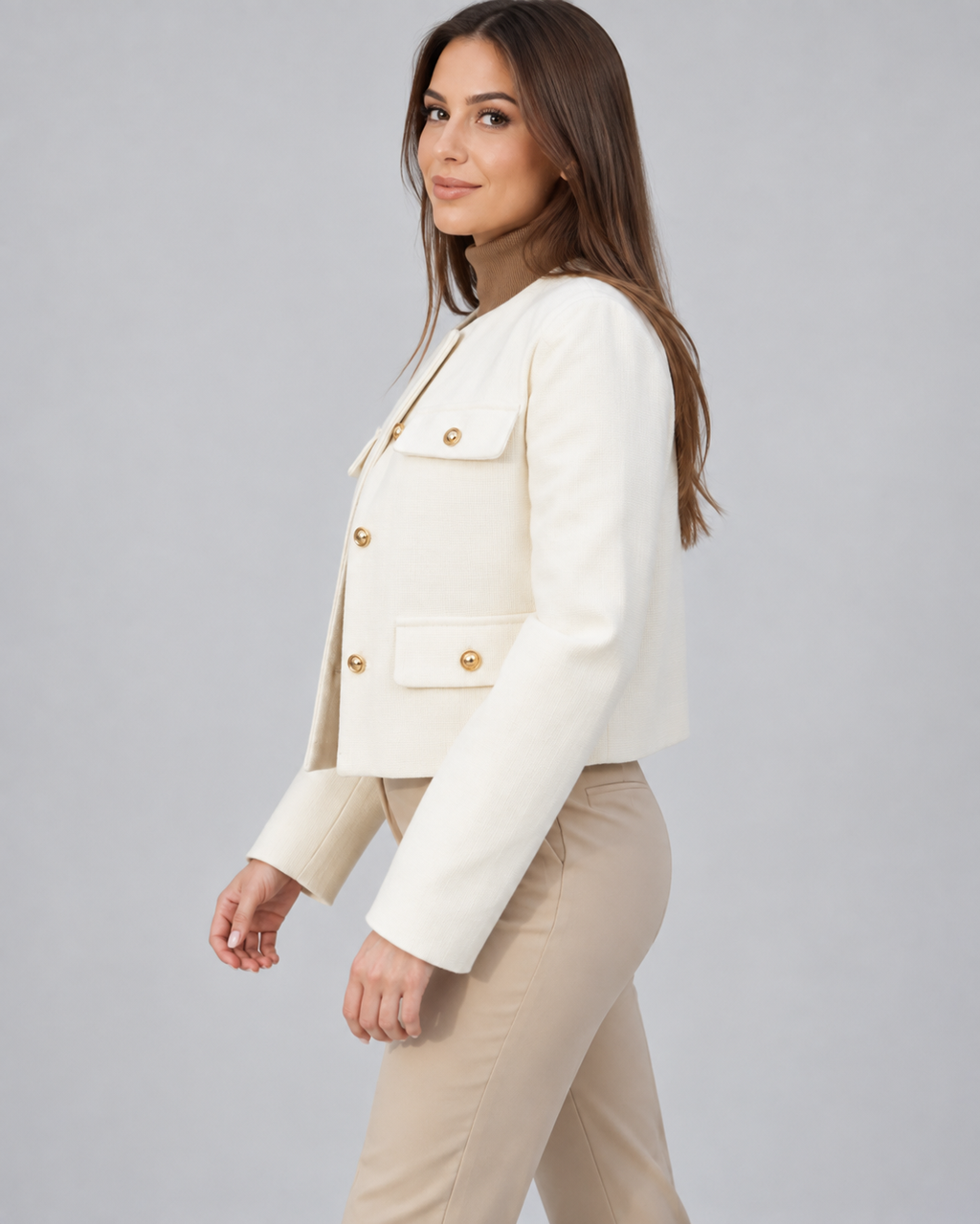 Women's Cropped Tweed Jacket with Gold Buttons and Round Neck