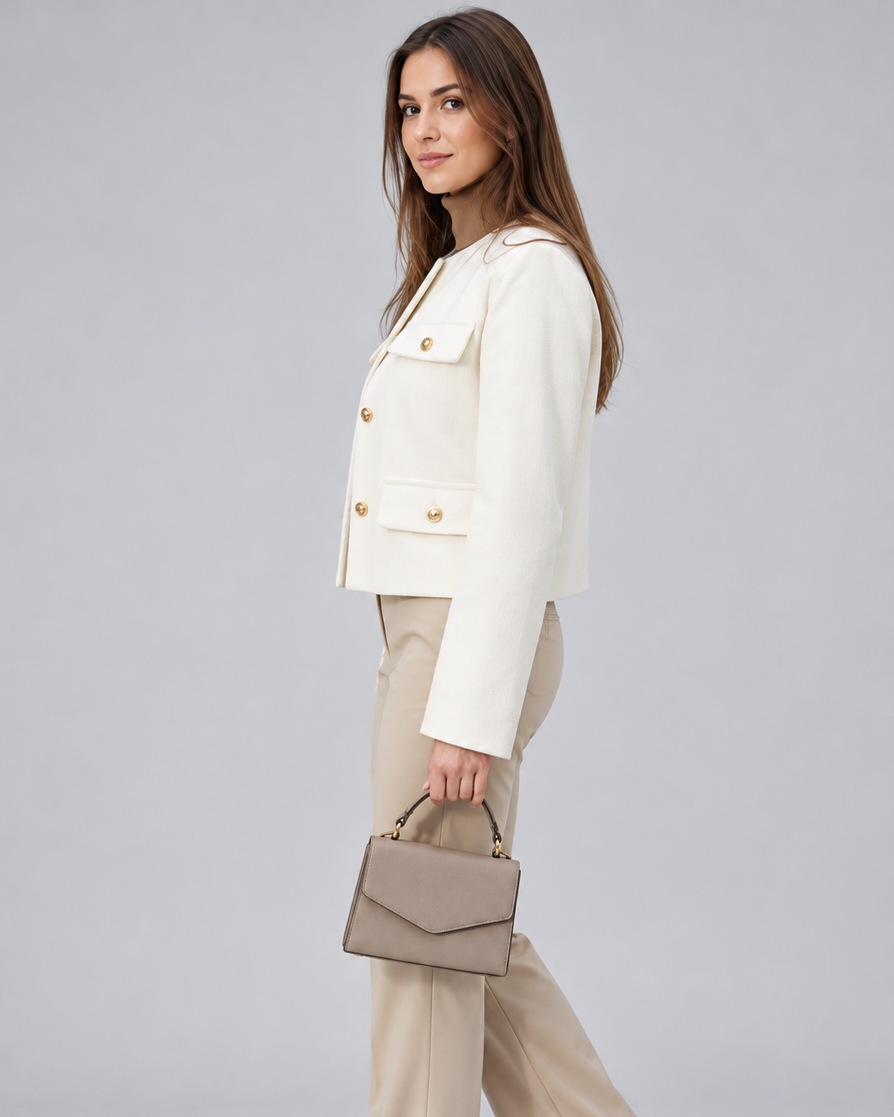 Women's Cropped Tweed Jacket with Gold Buttons and Round Neck