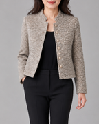Women's Cropped Tweed Jacket with Gold Buttons and Stand Collar