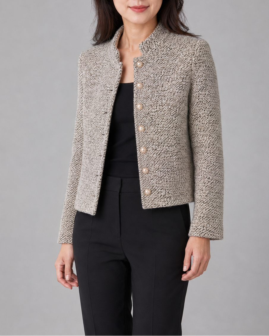 Women's Cropped Tweed Jacket with Gold Buttons and Stand Collar