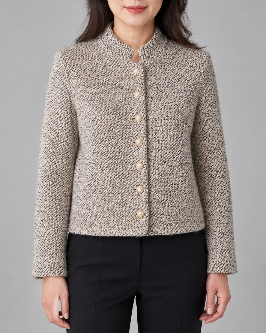 Women's Cropped Tweed Jacket with Gold Buttons and Stand Collar