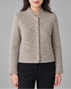 Women's Cropped Tweed Jacket with Gold Buttons and Stand Collar