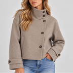Women's cropped wool look jacket with an asymmetric button front and a high stand collar