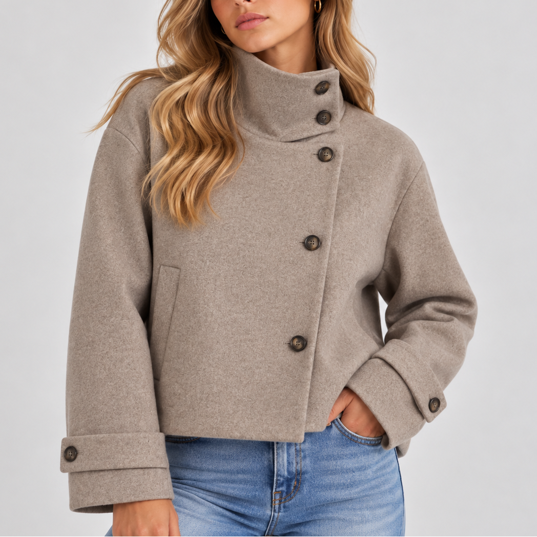 Women's cropped wool look jacket with an asymmetric button front and a high stand collar