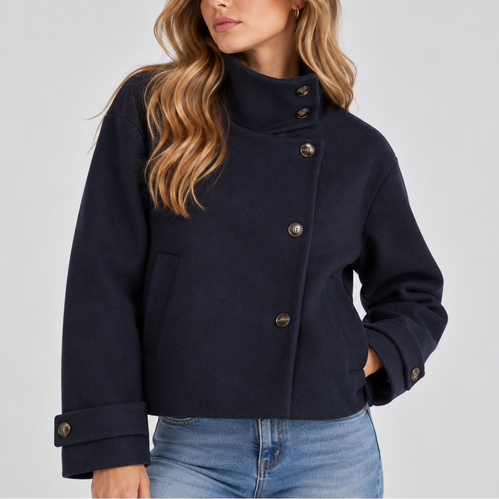 Women's cropped wool look jacket with an asymmetric button front and a high stand collar