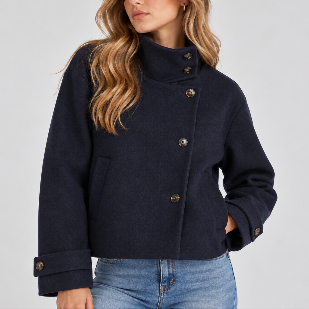 Women's cropped wool look jacket with an asymmetric button front and a high stand collar