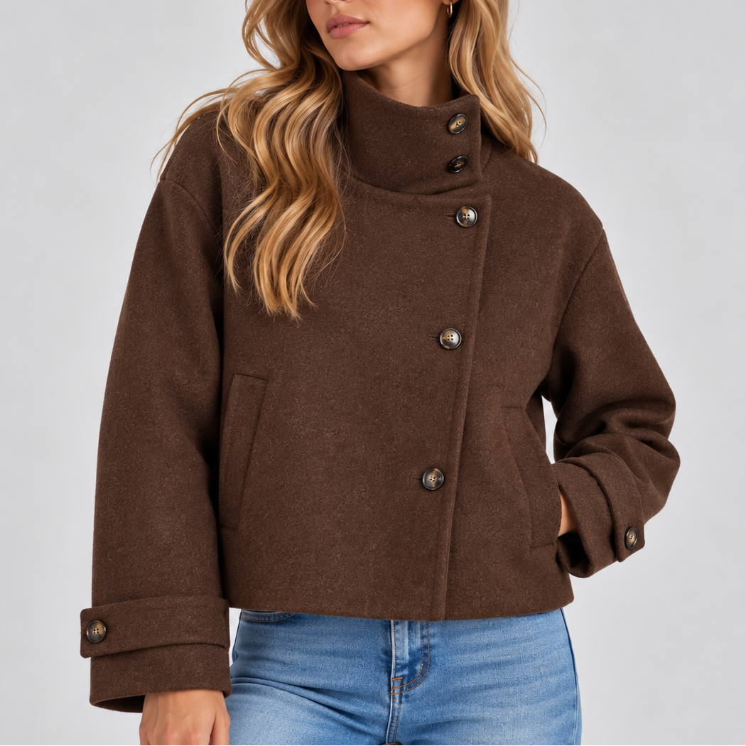 Women's cropped wool look jacket with an asymmetric button front and a high stand collar